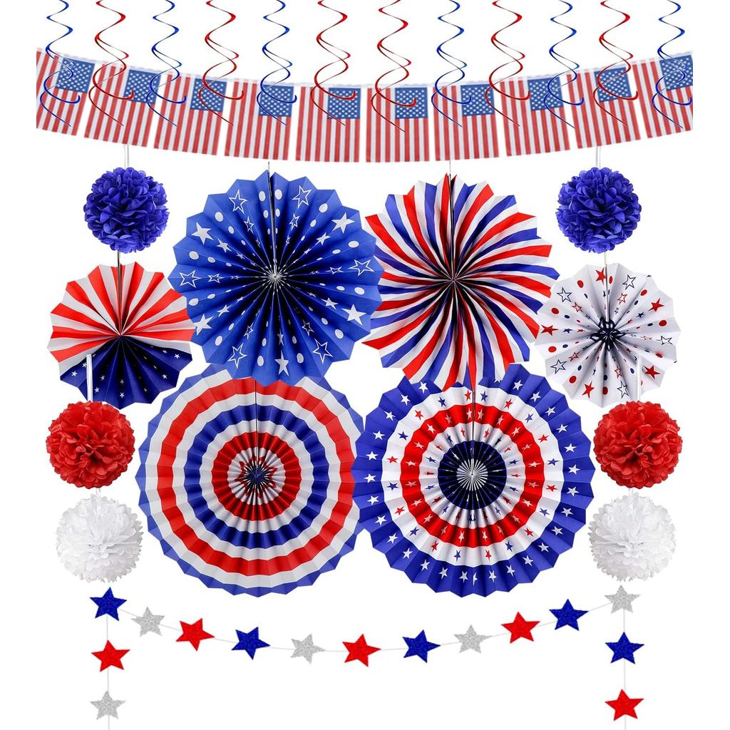 26Pcs 4th of July Decorations Patriotic Decor USA Flag String Red White Blue Paper Fans Star Streame