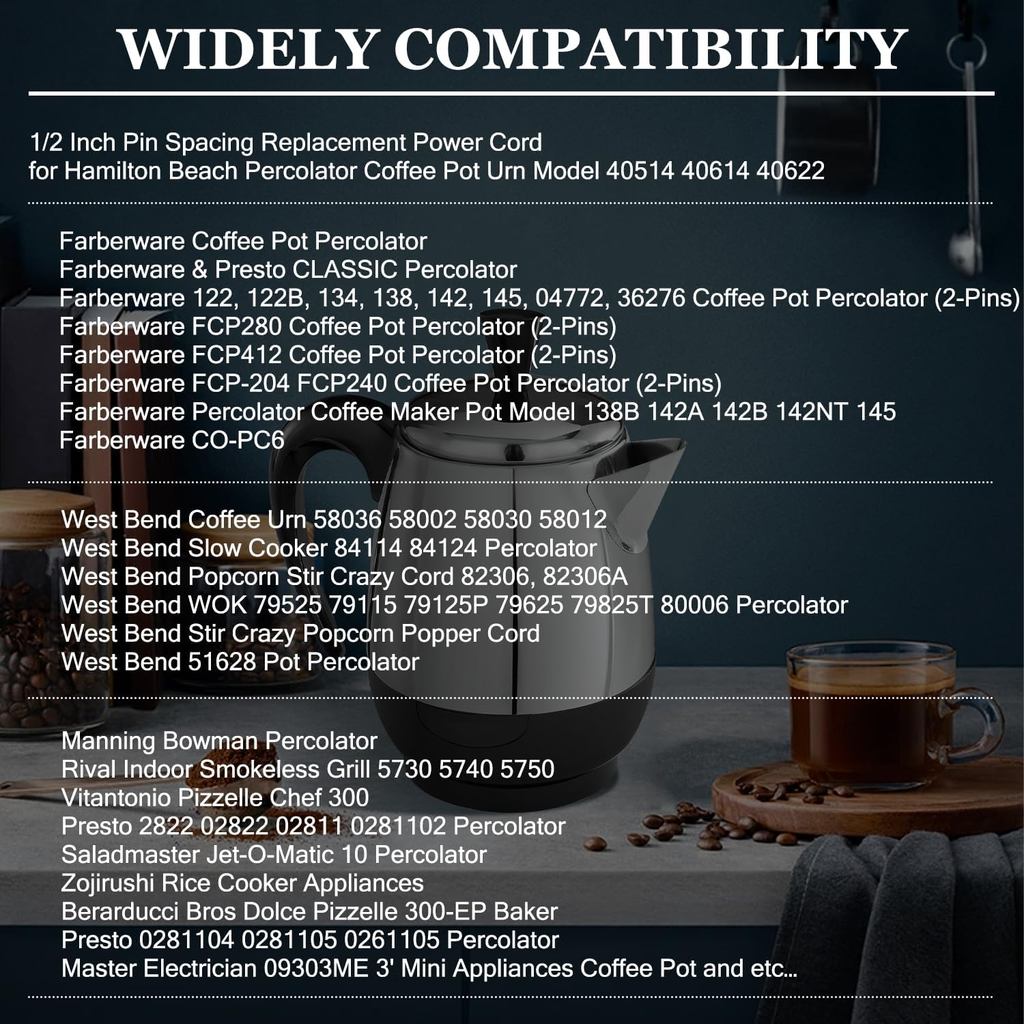 HASMX Percolator Power Cord 36" for Farberware FCP-204 FCP204 FCP240 FCP-240 Percolator, Replacement