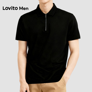 Lovito Men เสื้อโปโลลําลอง ซิป สีดํา สําหรับผู้ชาย ในฤดูใบไม…