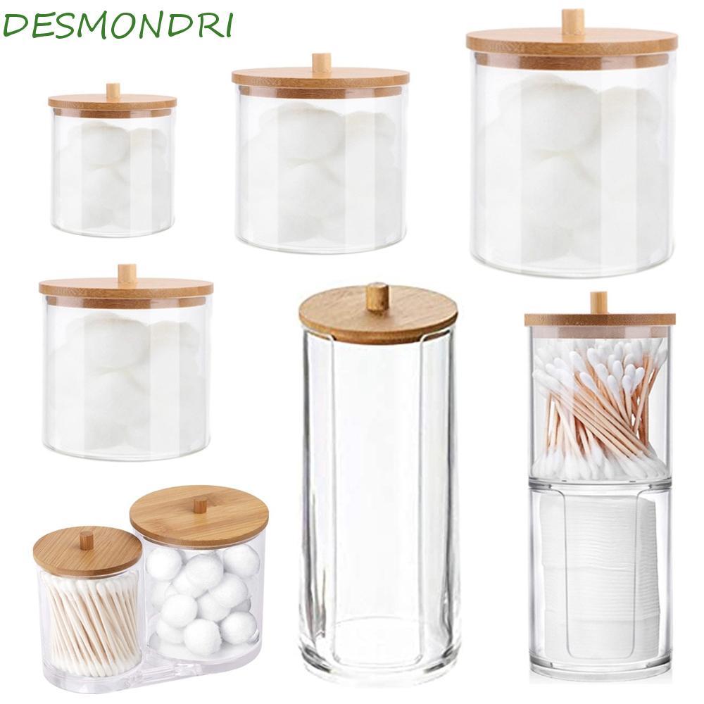 DESMNDRI Qtips สําหรับอุปกรณ์ห้องน้ําคอนเทนเนอร์ Candy อะคริลิคแต่งหน้าพร้อมฝาปิดไม้ไผ่ขวดห้องน้ํา