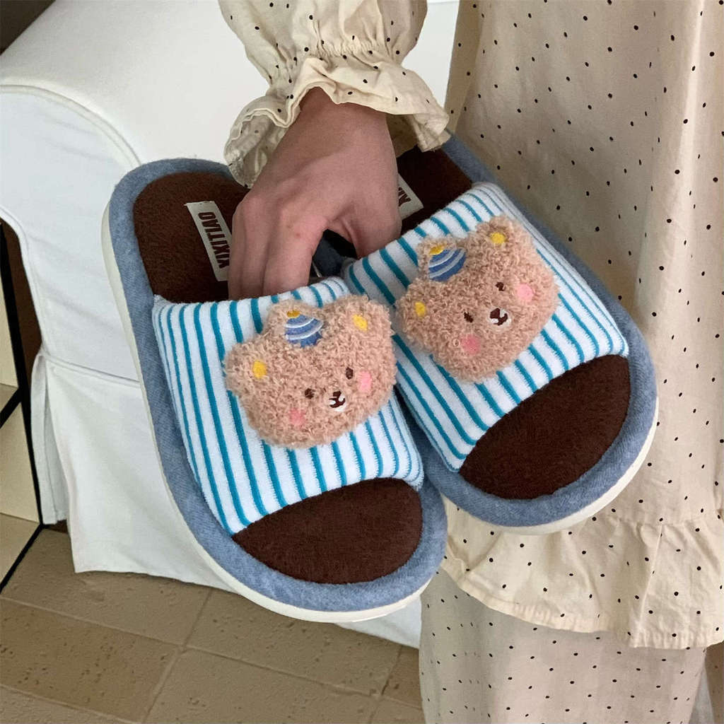 XIXITIAO รองเท้าแตะผ้าฝ้าย สำหรับผู้ชายและผู้หญิง ใส่ที่บ้านหน้าหนาวน่ารัก ลายหม