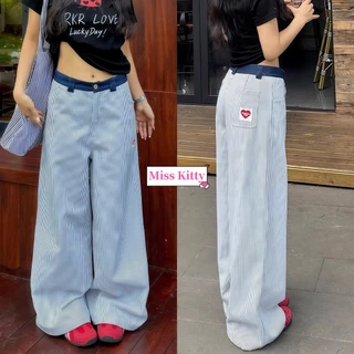 🎀Miss Kitty กางเกงขายาวเอวสูง ดีเทลลายทางปักหัวใจ ผ้าใส่สบาย