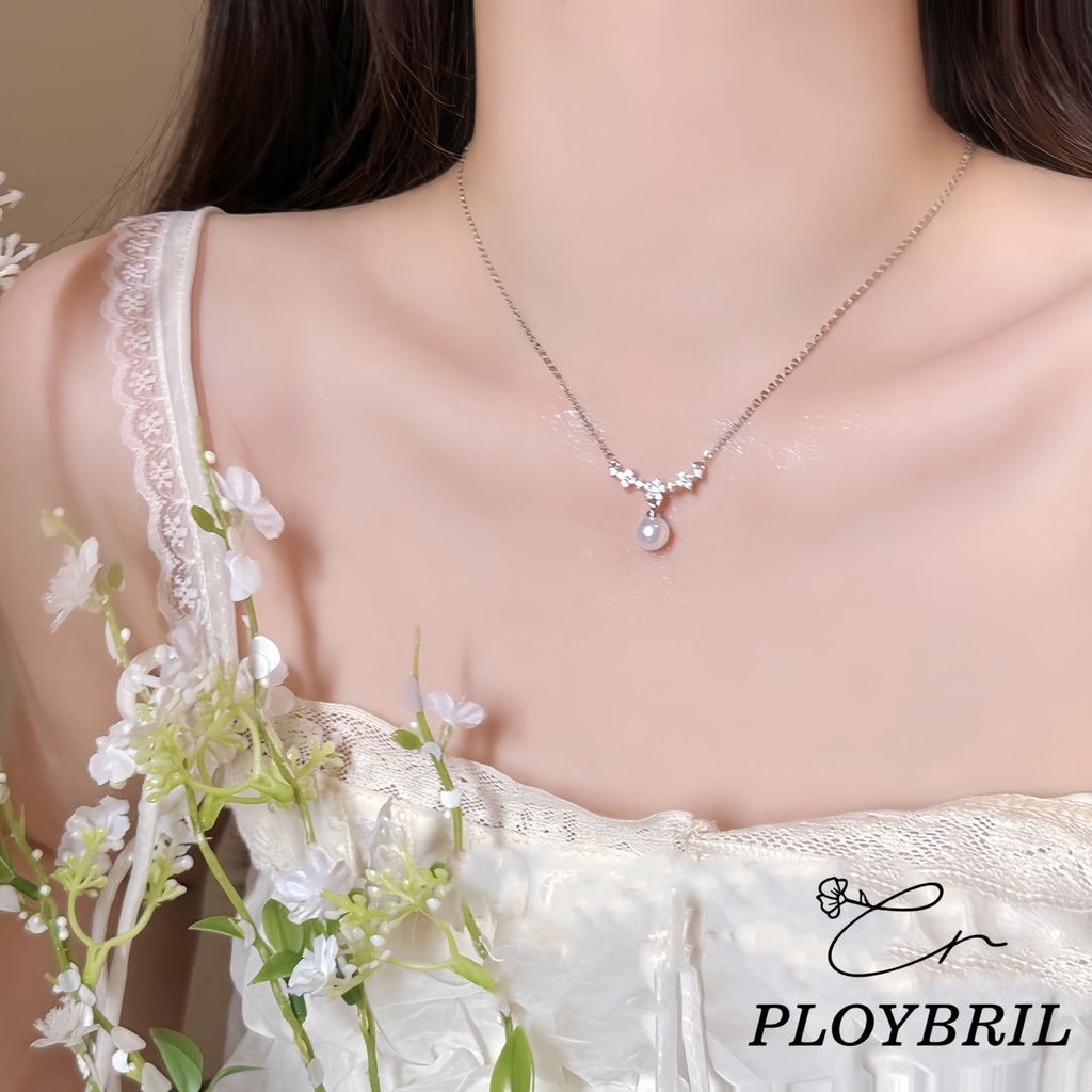 PLOYBRIL  สร้อยคอมุกแบบเพทาย สไตล์เกาหลี สำหรับผู้หญิง สีเงิน พร้อมเป็นของขวัญวันเกิด X015