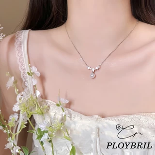 PLOYBRIL สร้อยคอมุกแบบเพทาย สไตล์เกาหลี สำหรับผู้หญิง สีเงิน พร้อมเป็นของขวัญวันเกิด X015