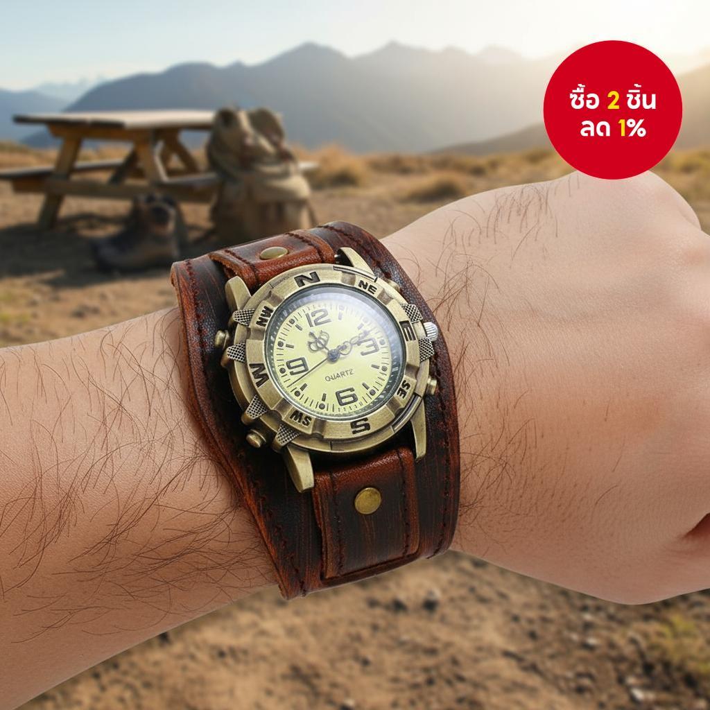 นาฬิกาข้อมือบานแฟลตหนังแท้วินเทจสไตล์พังก์ควอตซ์สําหรับผู้ชาย