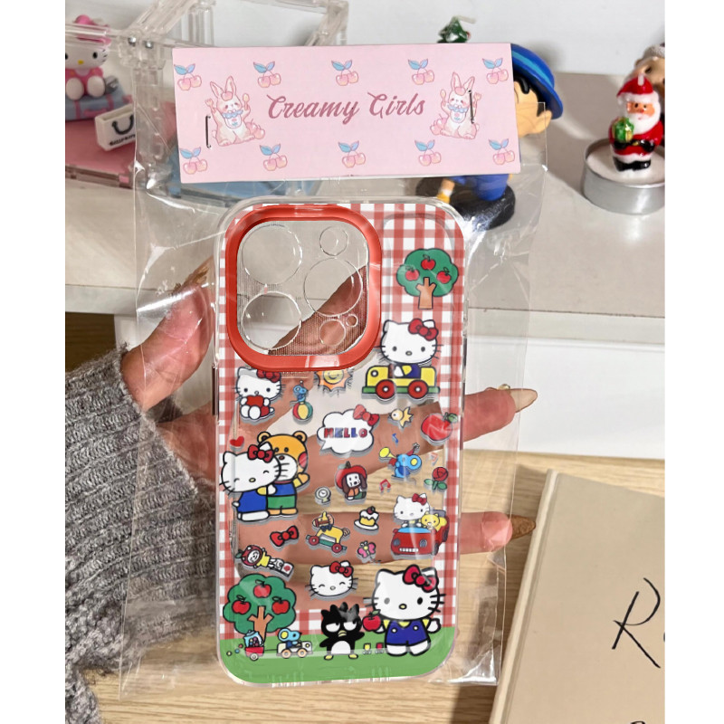 Ins ลายสก๊อตสีแดงน่ารักเพลง Hello Kitty โปร่งใสเคสโทรศัพท์สําหรับ iPhone 16 Promax 15 Promax 12 13 Mini 14plus 11 Pro Max X XS XR XS Max 7 8 plus Se2020 6G 6Plus