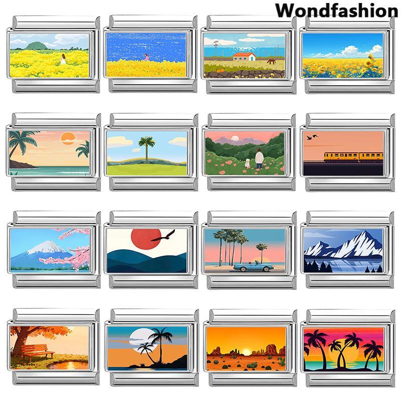 สร้อยข้อมือพิมพ์ภาพ Sunset Sunflower Italian Charm ขนาด 9 มม. สไตล์เรโทรสำหรับคนชอบทำของประดิษฐ์