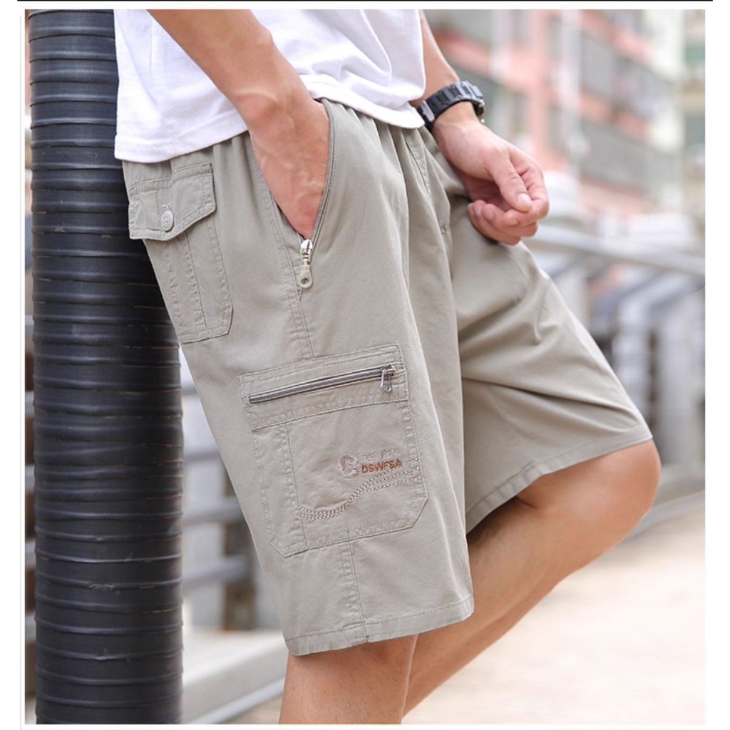 💥BecoolMan💥กางเกงขาสั้นผู้ชาย แบบงานช่าง เอวยางยืด ทรงตรง มีหลายกระเป๋า สีพื้น เรียบง่าย สไตล์สปอร์ต มีหลายสีให้เลือก - รูปที่ 2