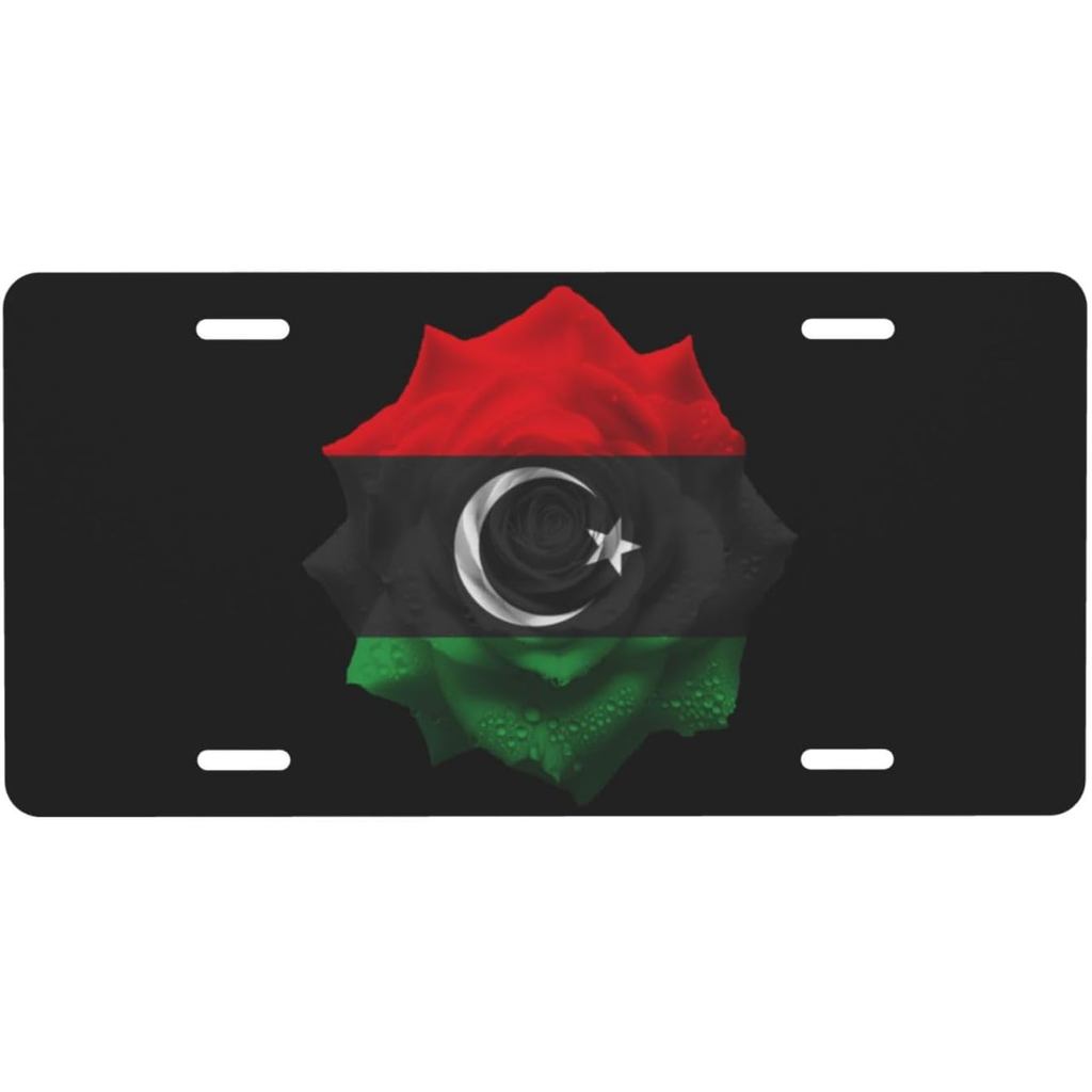 ดอกไม้ Libya Libyans ธงป้ายทะเบียนสําหรับผู้ชายผู้หญิงส่วนบุคคลตกแต่งรถด้านหน้าปกหลังแปลกตลกโลหะอลูม