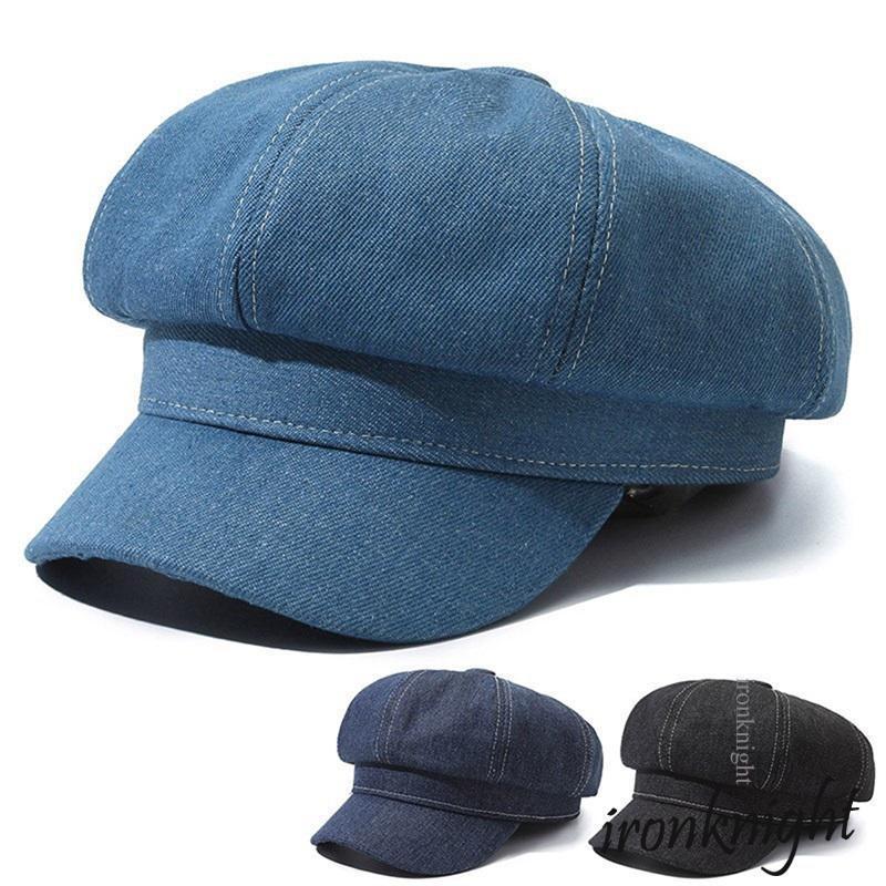 Ironknight-ผู้หญิง Denim Newsboy Beret Cap Visor Cap Elegant