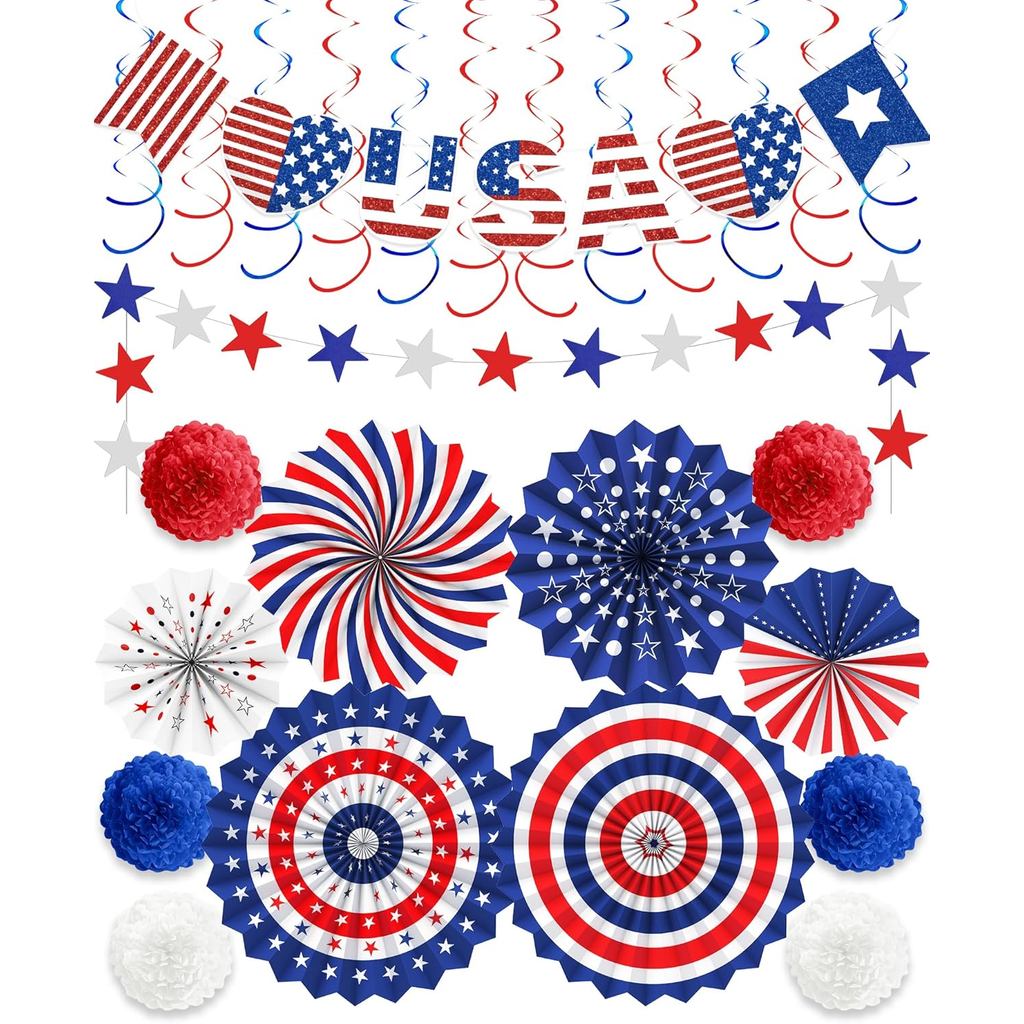 26 ชิ้น 4th of July ตกแต่งกลางแจ้ง, ตกแต่งรักชาติ LOVE USA แบนเนอร์สีแดงสีขาวสีฟ้าพัดลมกระดาษแขวน Sw