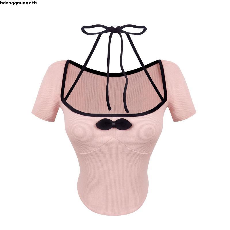 [SSNE] เสื้อครอปท็อป แขนสั้น คอสี่เหลี่ยม ประดับโบว์ สําหรับผู้หญิง Y2k UOM