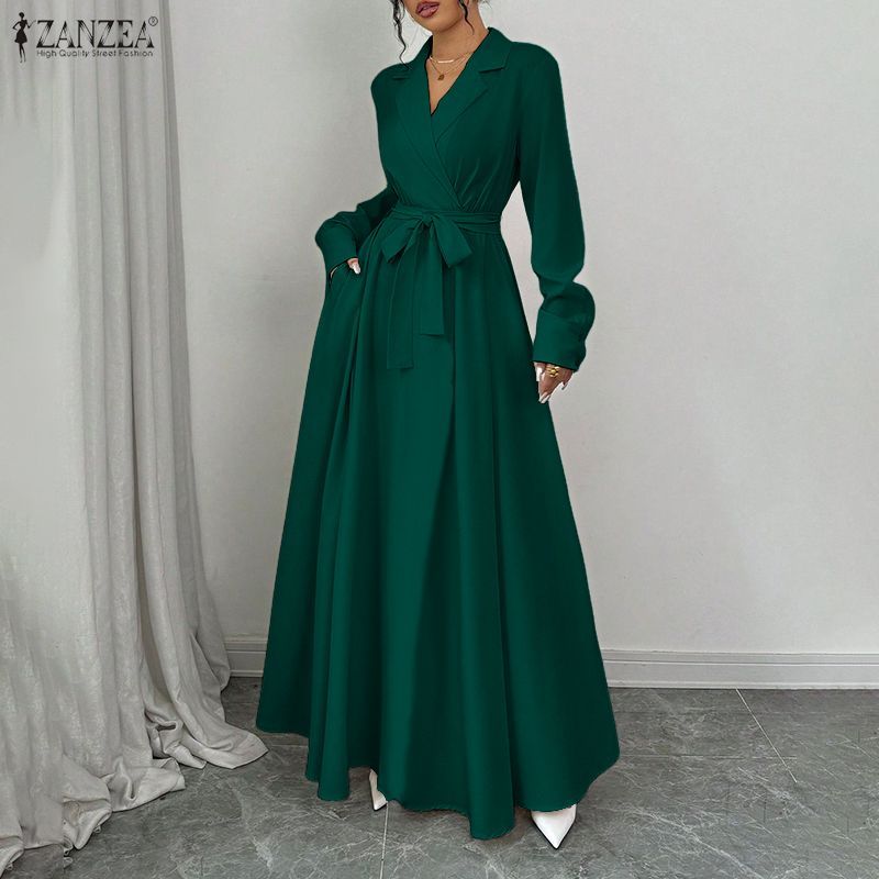 ZANZEA ชุดเดรส A-Line วินเทจสําหรับผู้หญิงปกแขนยาวผูกเชือกหรูหราขั้นสูง — صورة 4