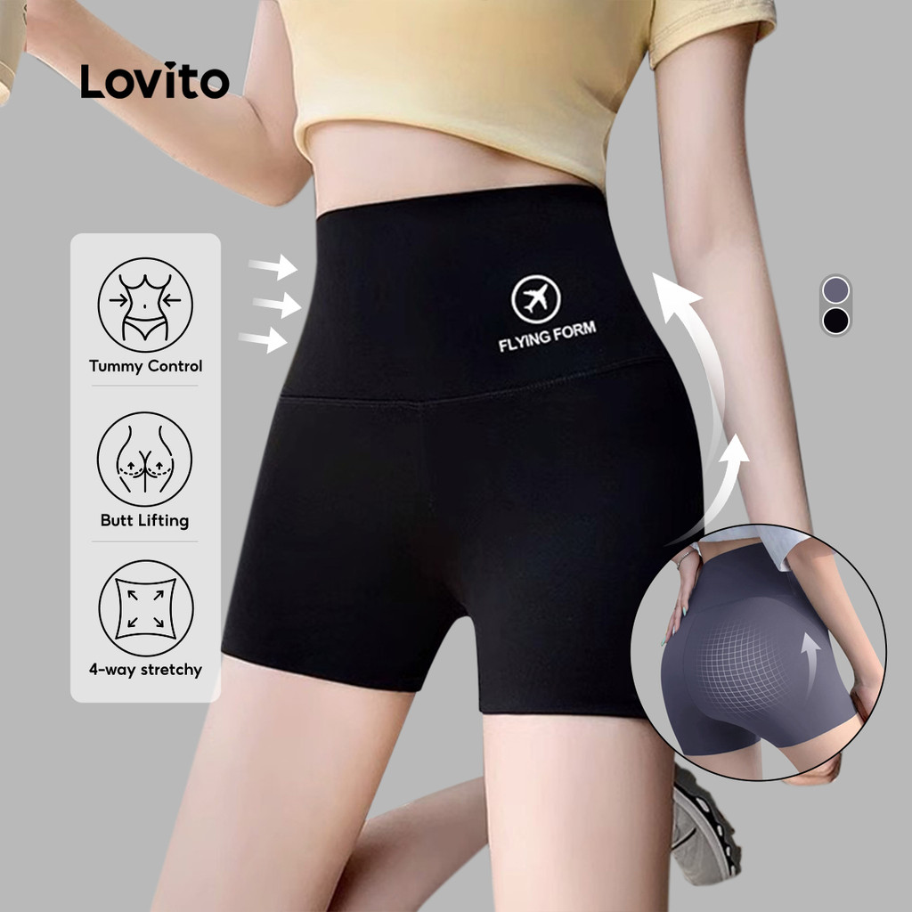Lovito ชортиกีฬาหลังสูง ก้นพีช ยกก้น ควบคุมท้อง โมเดลร่างกาย ฟิตเนสการฝึกสำหรับผู้หญิง LNE116X053