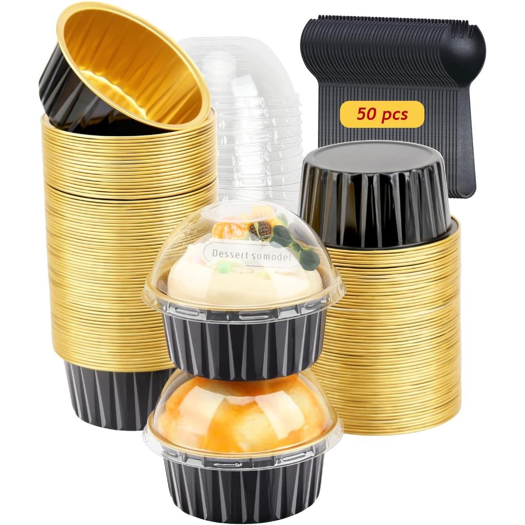 5oz Foil Ramekins with Lids 50 Pack,Free-Air Aluminum Foil Cupcake Liners Muffin Cups,Disposable Muf