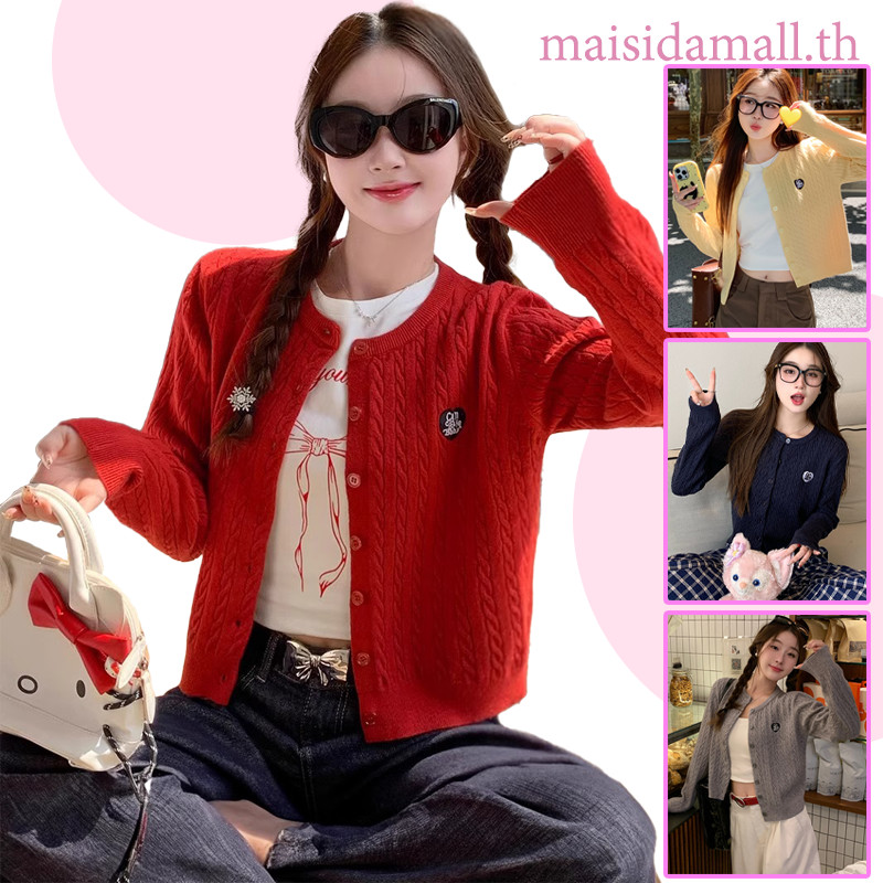 【พร้อมส่ง】MSD เสื้อคาร์ดิแกนถักคอลูกเรือสตรี สไตล์ใหม่ สั้นและน่ารัก เสื้อกันหนาวสีแดง