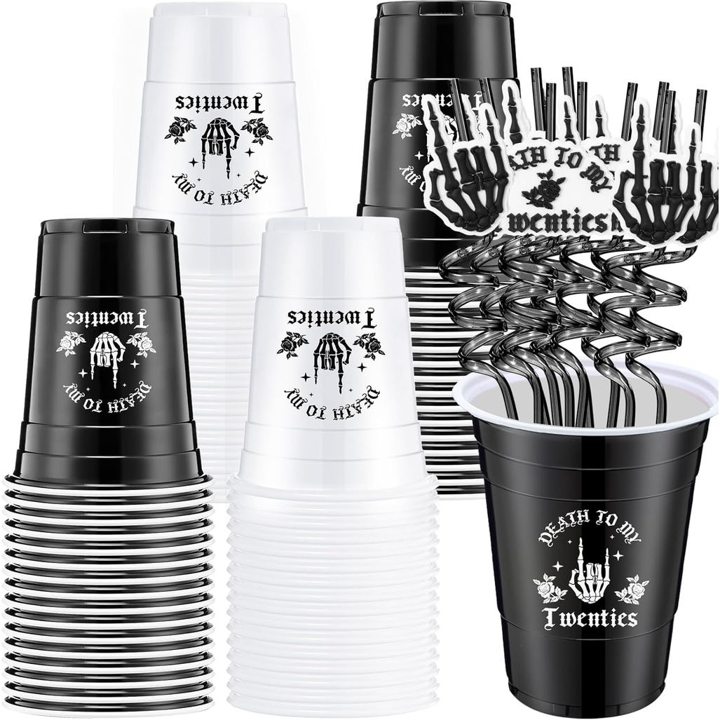 32 Pack Death to My 20s Decorations 16 Pcs Rip 20s Birthday Cups 16 oz Disposable Plastic Black Whit