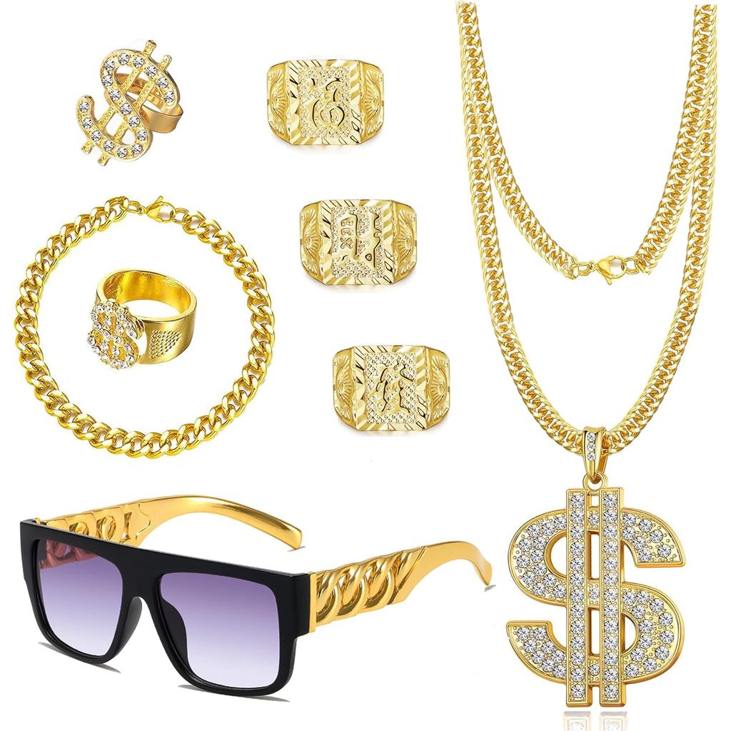 80s 90s Hip Hop Costume Outfit Kit Fake Golden Bracelet Dollar Sign Necklace Kanji Ring Sunglasses R