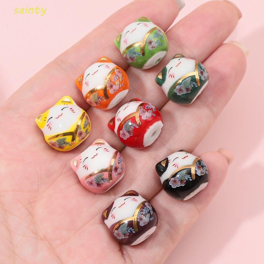 ลูกปัด SAINTY Maneki-eko, สร้อยคอแมว Plutus ลูกปัดแมว, แฟชั่น Kitty เซรามิคทําด้วยมือ DIY เครื่องประ