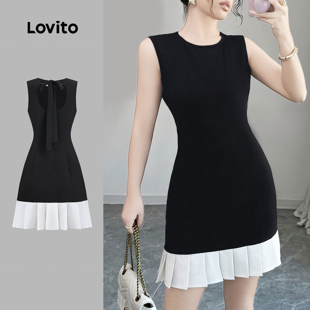 Lovito ผ้าชุดลำลอง เย็บและจีบรอบ ลายตัดเก็บพับ ช่วงฤดูใบไม้ผลิ/ฤดูร้อน ชุดสีดำและขาว L155ED528