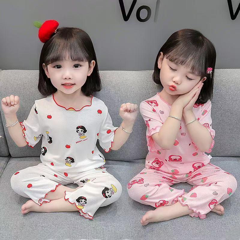 GH04 ชุดนอนเด็กฤดูร้อนเด็กสาวบางสไตล์เครื่องปรับอากาศสูทสาวการ์ตูนแขนสั้น ชุดบ้าน ชุดสองชิ้น