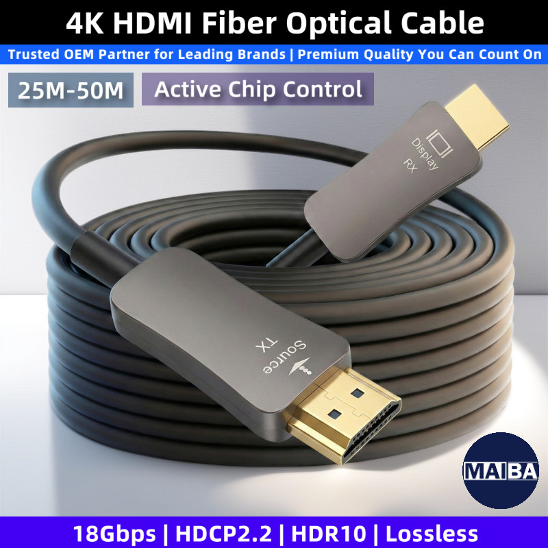 สายเคเบิลไฟเบอร์ออปติก HDMI AOC 4K UHD 25 ม. 30 ม. 40 ม. 50 ม. HDCP2.2 HDMI2.0 AOC ตัวผู้ เป็นตัวผู้ สําหรับโปรเจคเตอร์ทีวี HD