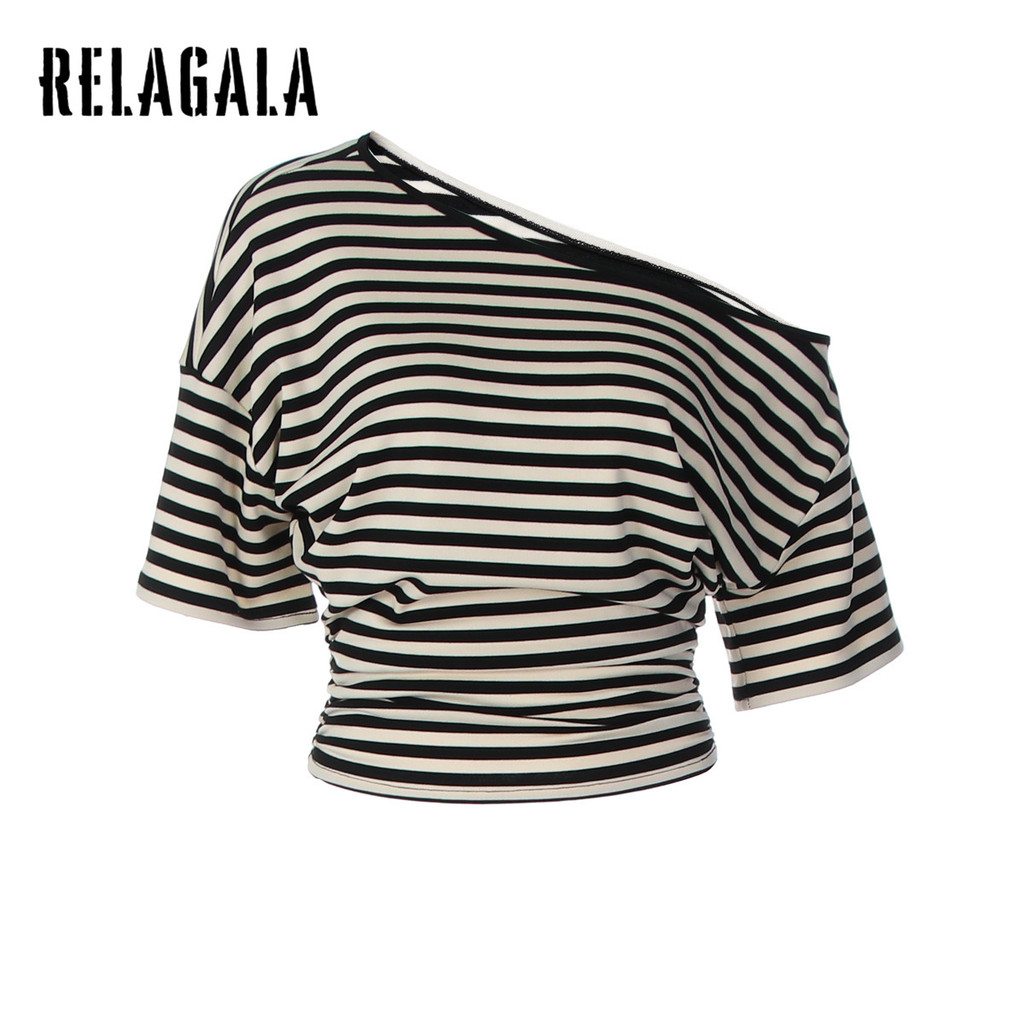 RELAGALA เสื้อยืดผู้หญิง สไตล์ลำลองใหม่ ลายทาง คอกลม อารมณ์แฟชัน สบายๆ