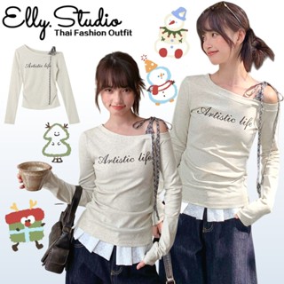 Elly พร้อมส่ง🦄เสื้อสตรีY2Kเกาหลี🦄สีเทาปาดไหล่โบว์แพรวาว ไปคา…
