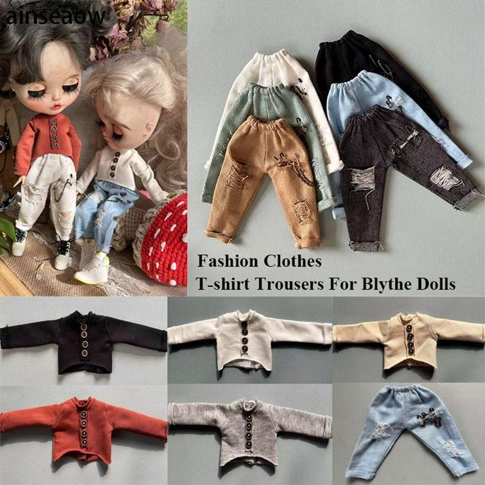 AINSEOW เสื้อยืดกางเกง,แฟชั่นน่ารัก Casual Top,คุณภาพสูง DIY Mini Denim กางเกงสําหรับตุ๊กตาบลายธ์สํา