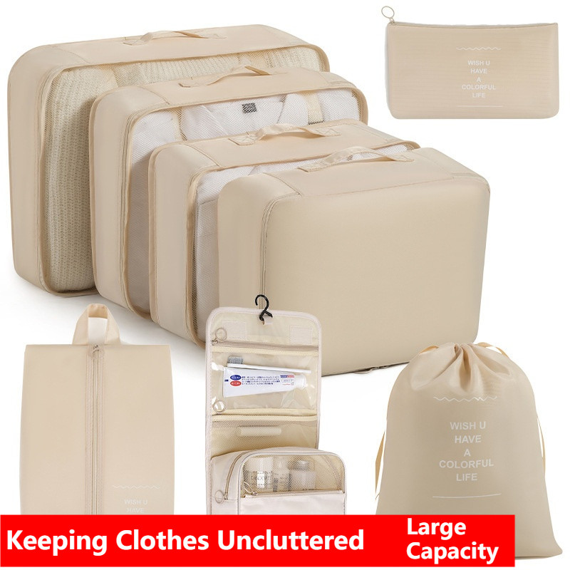 Travel Organizer 7/8/9 ชิ้น ชุดกระเป๋าเดินทางกันน้ําแบบพับได้ ชุดซิปหนา