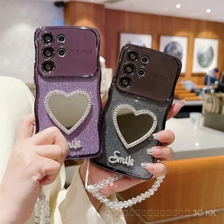 สาว กันกระแทก ตัวเคสใสมีกระจกหัวใจและสร้อยข้อมือ ลวดลายคลื่นแวววาว หุ้มทั้งเครื่อง สำหรับSamsung S25 Ultra 24 23 22 EF