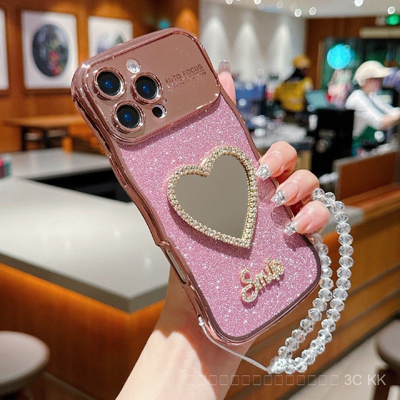 ใหม่ สาว กันกระแทก ตัวเคสใสมีกระจกหัวใจและสร้อยข้อมือ ลายคลื่นแวววาว สำหรับ iPhone 17 Pro Max 16 15 14 13