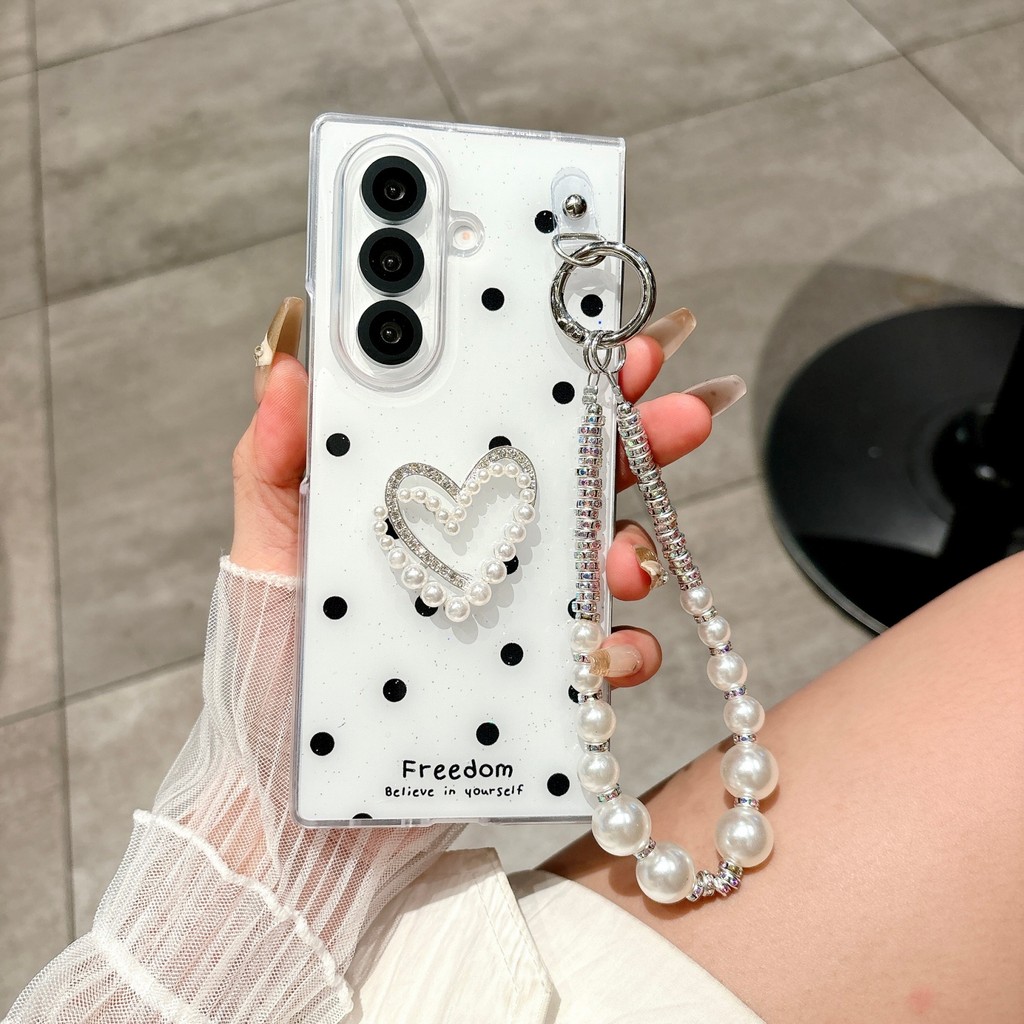 เกาหลีน่ารัก Wave Point Love Pearl Rhinestone Chain เคสโทรศัพท์สําหรับ Samsung Galaxy Flip7 flip7 Zf