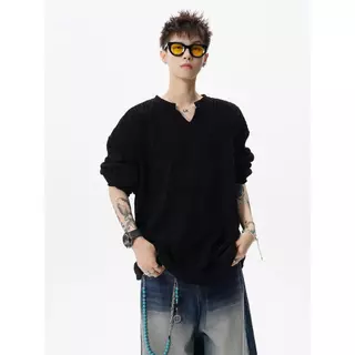 MNO.9 T-Shirt W91 เสื้อแขนยาว คอกลมแต่งV ผ้าทอลาย ใส่สบาย Man Clothing ดำ เทา ขาว