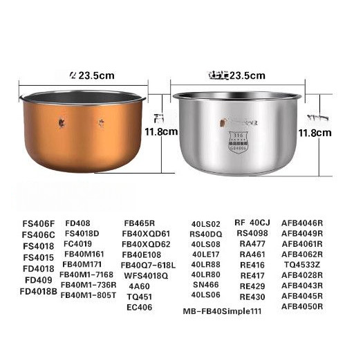 หม้อในสแตนเลส316 ไม่มีสารเคลือบสำหรับหม้อหุงข้าว Mei MB-FB40Simple111/EC4060