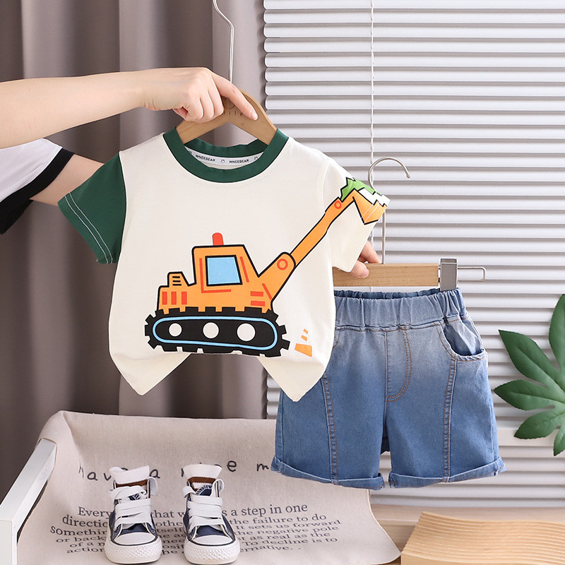 2026ใหม่0-5ปี ใหม่เด็กทารกเด็กหญิงฤดูร้อนเสื้อผ้าเด็กทารกการ์ตูนรถขุดทีเสื้อ+กางเกงขาสั้นผ้ายีนส์2ชิ้น/เซ็ตเด็กเสื้อผ้าวอร์มชุด