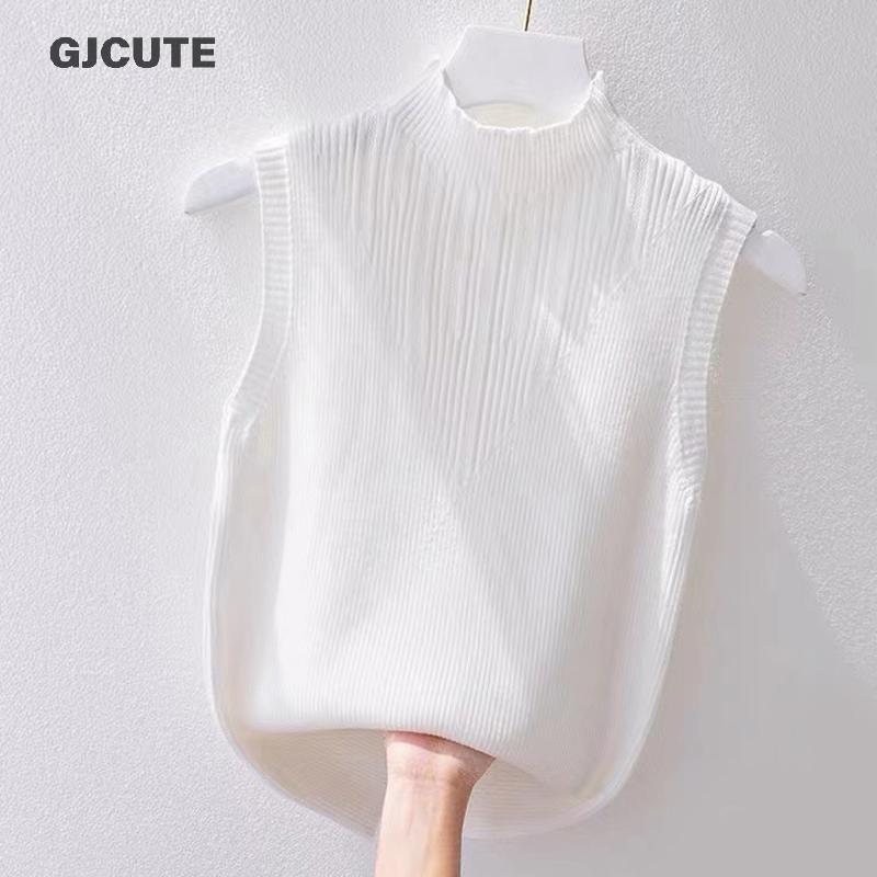 GJCUTE ฤดูร้อนเกาหลีสีทึบครึ่งคอเต่าแขนกุดลําลองถักเสื้อกั๊กสําหรับผู้หญิง WTD