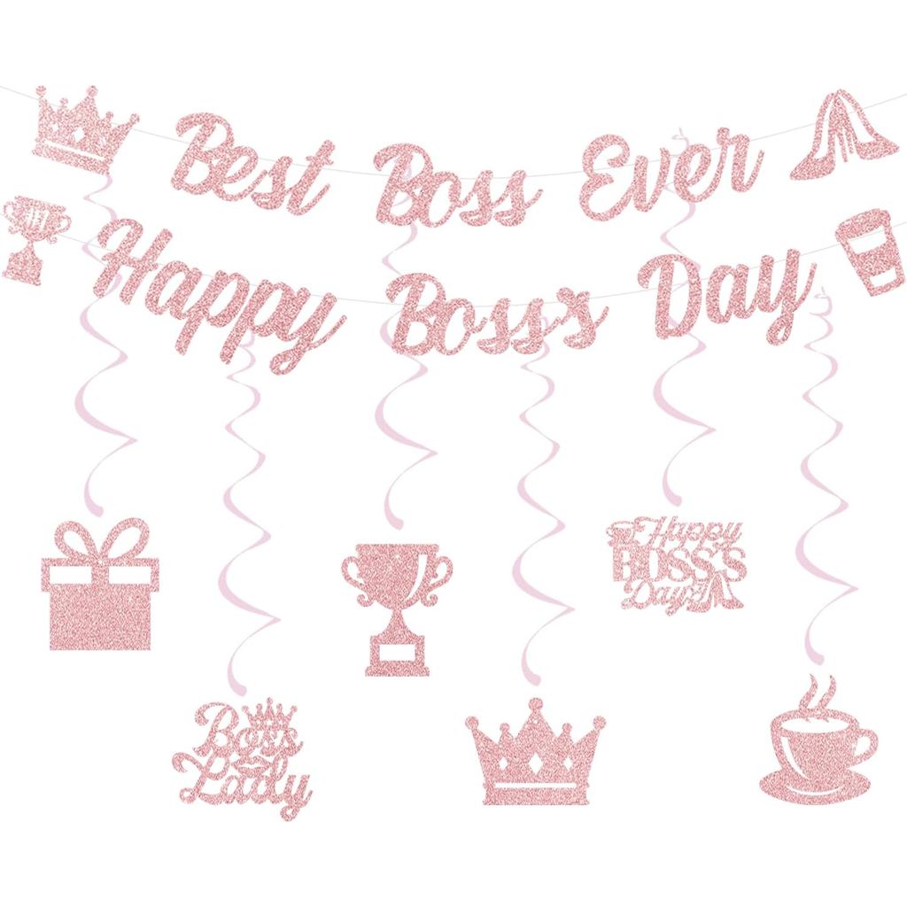 Rose Gold Glittery Best Boss Ever Happy Boss’s Day Banner International Boss Day Hanging Swirls Deco