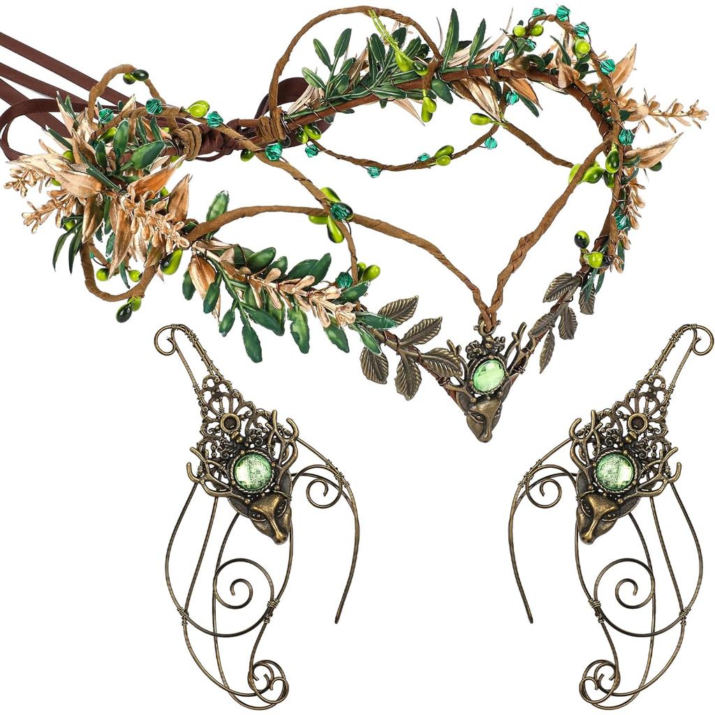 MOSTORY Medieval Fairy Accessories Set - Renaissance Woodland Crown and Elf Ears Cuffs Set Flower Cr