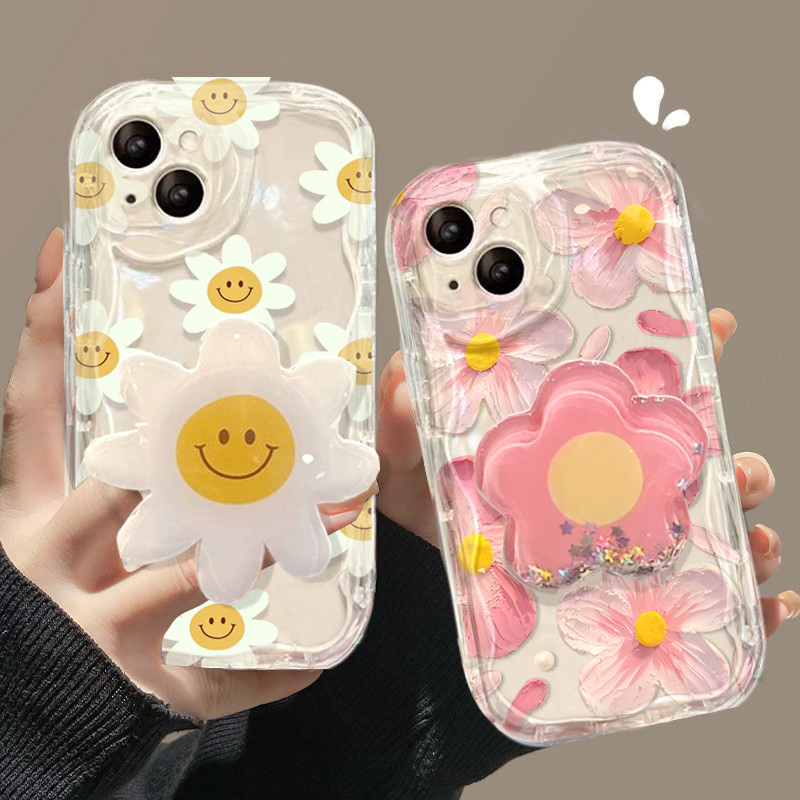 Smile Flower Grip Holder Case สําหรับ Samsung Galaxy S23 Ultra S21 Plus S23FE S21FE S20FE F06 น่ารัก