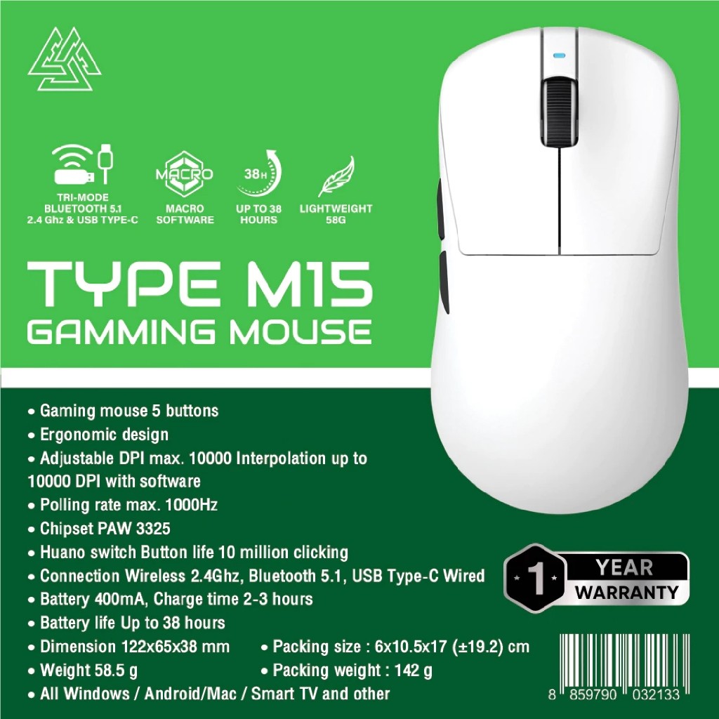 เมาส์เกมมิ่งไร้สาย Bluetooth/Wireless/Wired มี Macro Software   EGA Type M15 Gaming Mouse