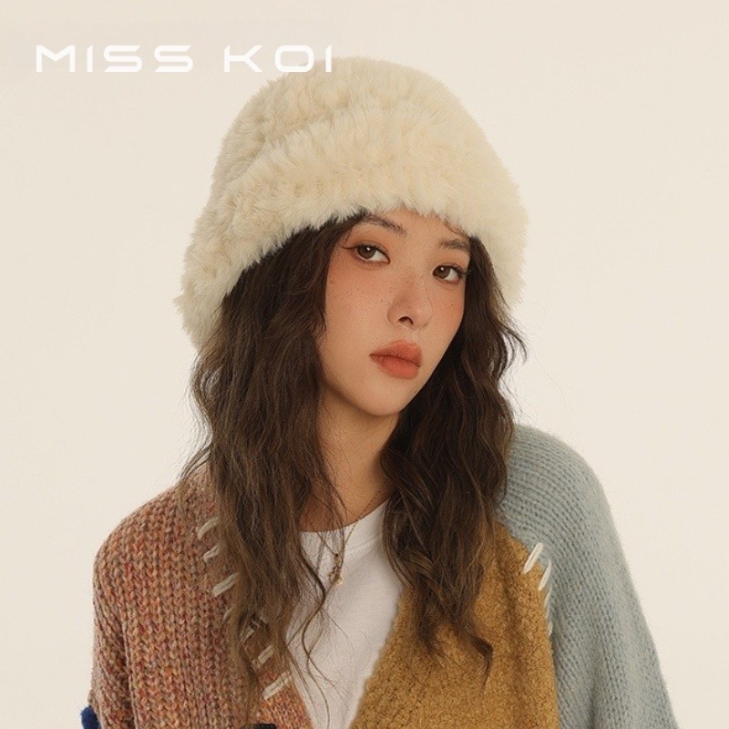 Warm Winter Women's Cloud Hat Doll Mistake Imitation Rabbit Fur Bucket Knit Hat Big Head Hat Animal 