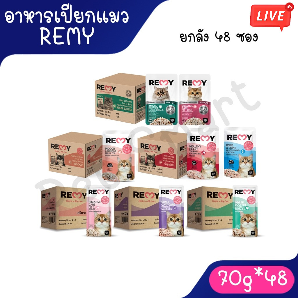 Live [ยกลัง 48 ซอง] REMY Cat อาหารแมวเปียก เรมี่ รสทูน่าเจลลี่ เสริม OMEGA 3,6 วิตามิน E