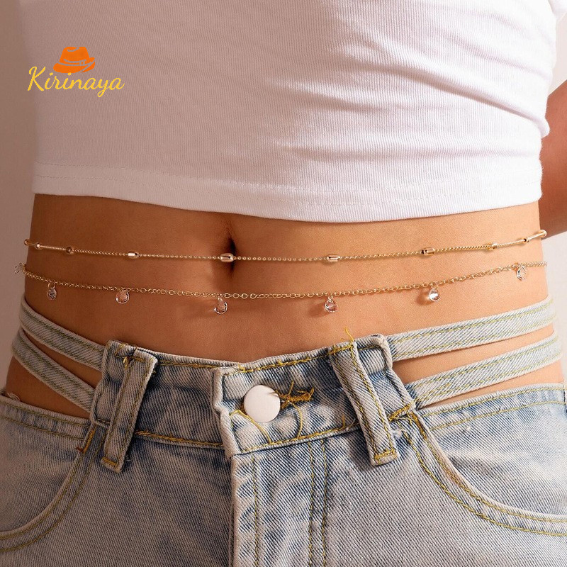 ส่งเร็วจากไทย โซ่เอวประดับคริสตัล Rhinestone เซ็กซี่แบบเรียบง่าย ลูกปัดกลม โลหะ-Kirinaya