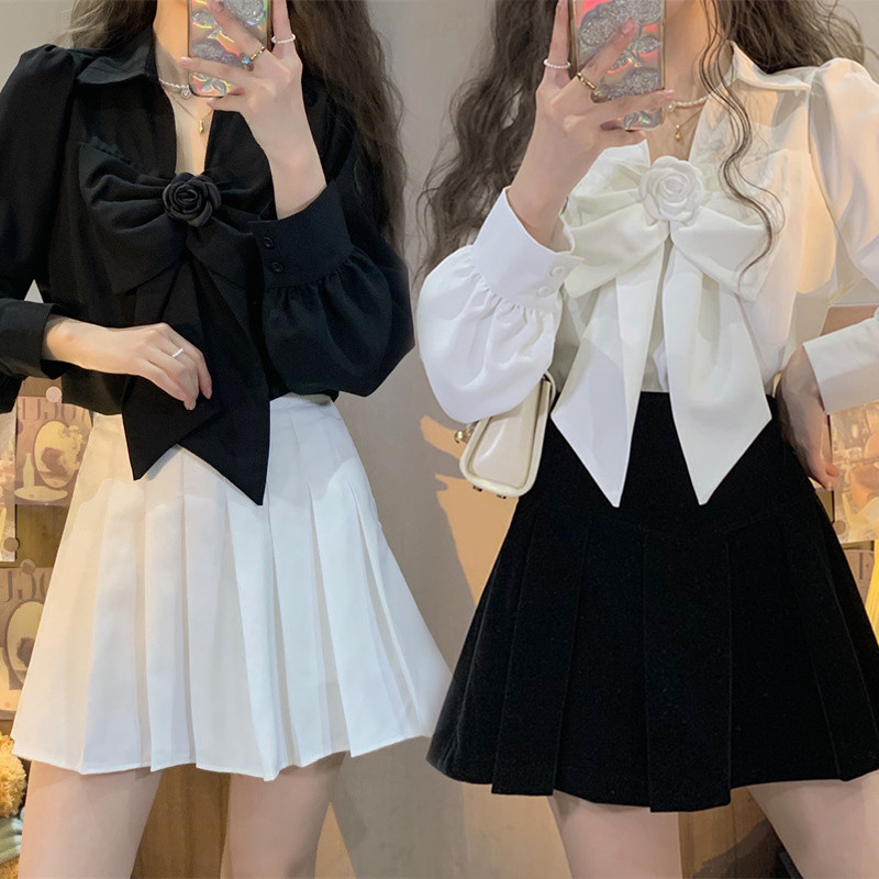 perbit_grace✨เสื้อเชิ้ตแขนยาวสีดำผูกโบว์ คอวี สีพื้น สำหรับผู้หญิง เหมาะสำหรับสวมใส่ในฤดูใบไม้ผลิและฤดูใบไม้ร่วง#w687