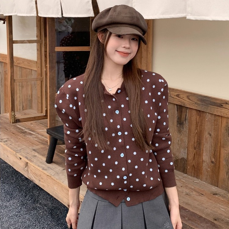 เสื้อคาร์ดิแกนถักลายจุดสไตล์เรโทรสำหรับผู้หญิง ทรงหลวม คอกลม ทรงครอป เหมาะสำหรับฤดูใบไม้ร่วง#88040 - รูปที่ 2