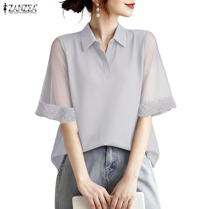 ZANZEA เสื้อลูกไม้สำหรับทำงานสไตล์เกาหลี ดีไซน์ Elegant Officewear แขน Raglan พร้อมลายปักและซิปลิ่ง