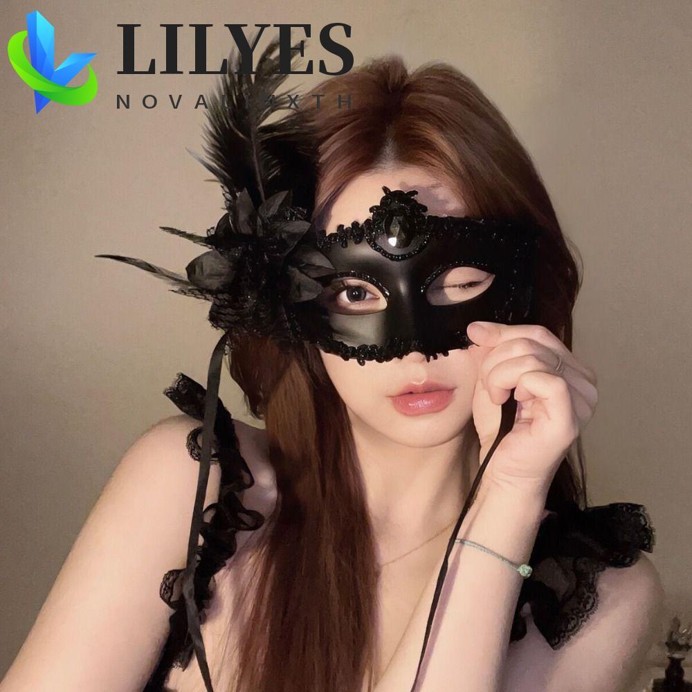 LILYES Feather Venetian Mask, Diamond Flower Eye Mask, ลูกไม้พลาสติกประณีตครึ่งหน้าดอกไม้ Masquerade