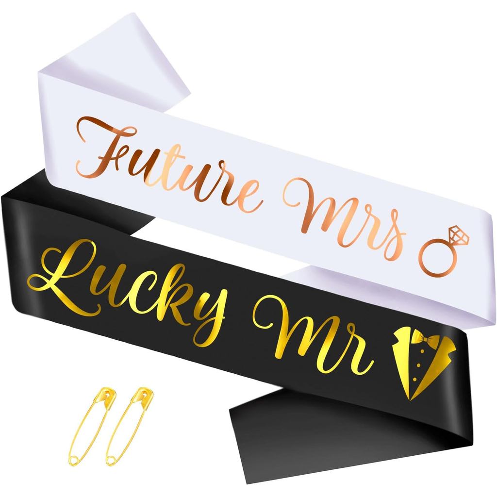 อนาคต Mrs & Lucky Mr - Bride to Be & Groom to Be Sash Kit, Gold Glitter Bachelorette & Bachelor Sash