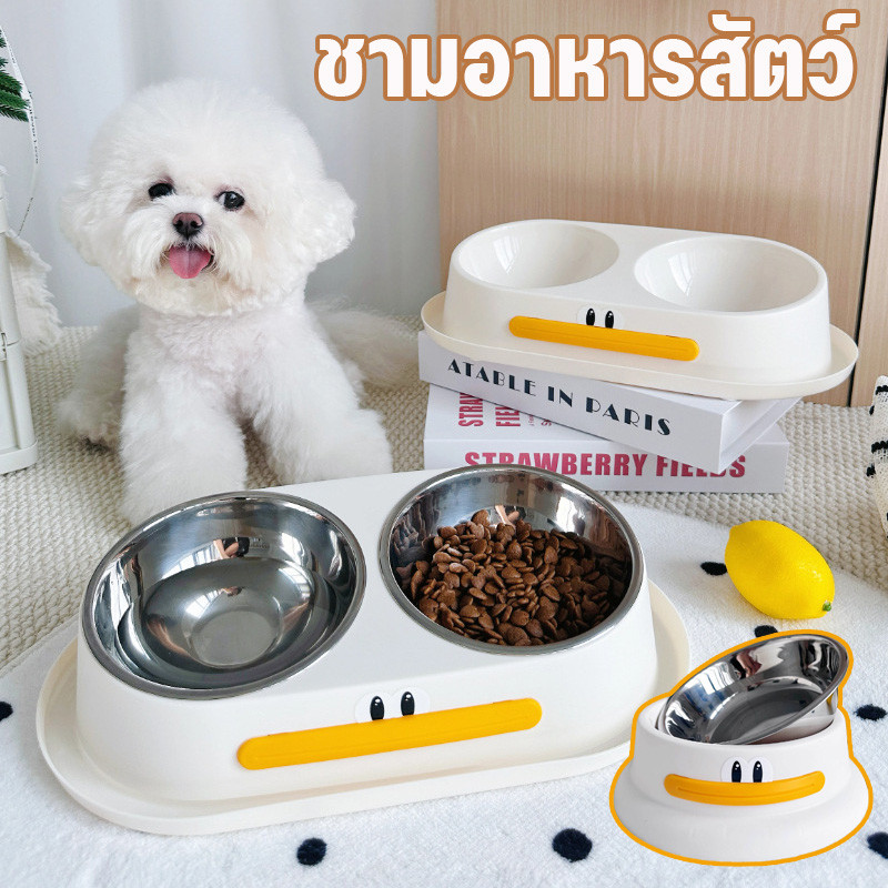 COD ชามอาหารแมว/สุนัข สแตนเลส ชามคู่+ขาตั้งกันลื่น ง่ายล้าง ป้องกันมด  ลดภาระคอ